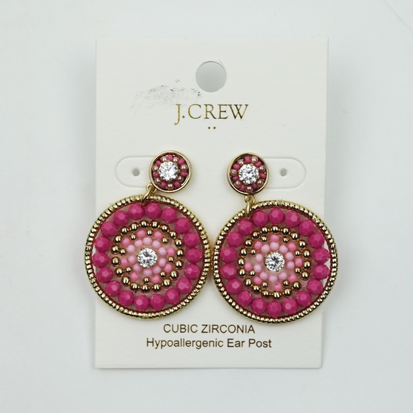 New JCREW Beaded Circle Statement Earrings in Vivid Begonia $45 CC833 - Picture 2 of 2